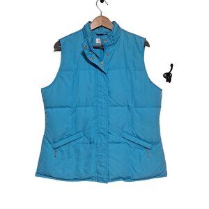 Talbots Puffer Down Vest Woman Size Medium Blue Insulated Goose Feather Hood